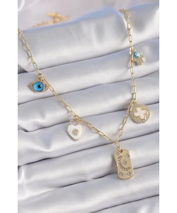 Gold Renk Zirkon Taşlı Çoklu Figür Model Şans Kolyesi