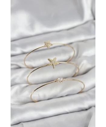 Gold Renk Zirkon Taşlı Deniz Yıldızı Model 3lü Kadın Bileklik Kombini