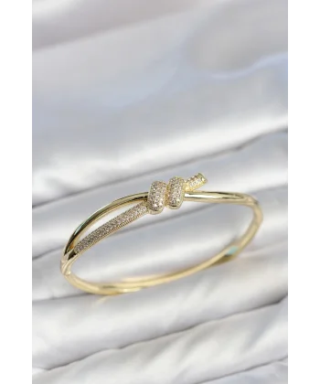 Gold Renk Zirkon Taşlı Düğüm Model Kadın Kelepçe Kadın Bileklik