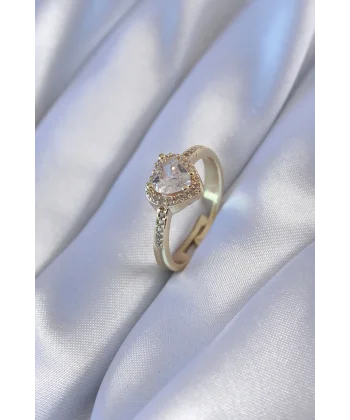 Gold Renk Zirkon Taşlı Kalp Model Pirinç Charm Kadın Yüzük