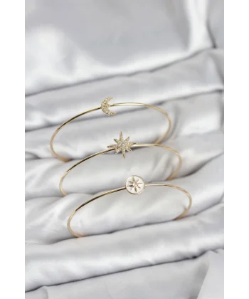 Gold Renk Zirkon Taşlı Kutup Yıldızı Model 3lü Kadın Bileklik Kombini