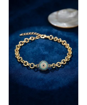 Gold Renk Zirkon Taşlı Nazar Model Pirinç Kadın Bileklik