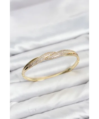 Gold Renk Zirkon Taşlı Sarmal Model Kadın Kelepçe Bileklik