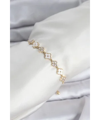 Gold Renk Zirkon Taşlı Sıralı Yonca Model Asansörlü Kadın Bileklik