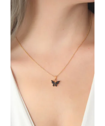 Gold Siyah Renk Kelebek Figür Kadın Kolye