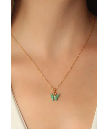 Gold Yeşil Renk Kelebek Figür Kadın Kolye