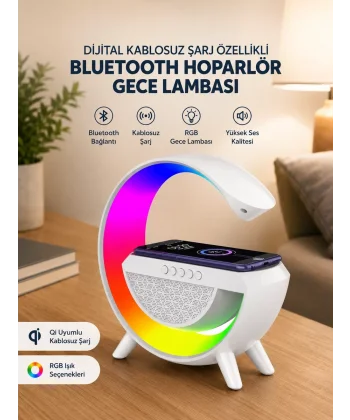Google Dijital Kablosuz Şarj Özellikli Bluetooth Hoparlör Gece Lambası