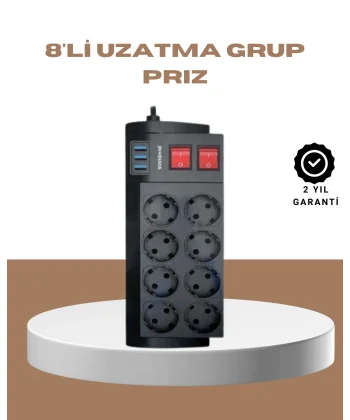 Güçlü Termal Korumalı 8 Priz + 3 USB Çoklu Uzatma Kablosu 2m