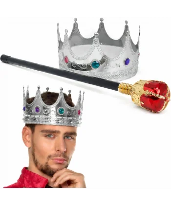 Gümüş Kral Tacı Kraliyet Tacı 60 Cm Ve Kırmızı Topuzlu Kral Asası Seti