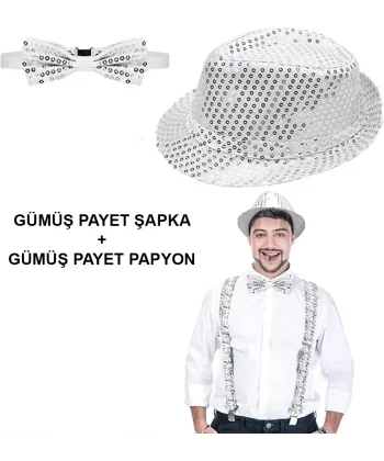 Gümüş Payetli Şapka Ve Papyon Seti – Parıltılı Yetişkin Kostüm Seti