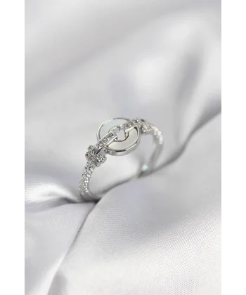 Gümüş Renk Daire Form Sedef ve Zirkon Taşlı Kadın Yüzük