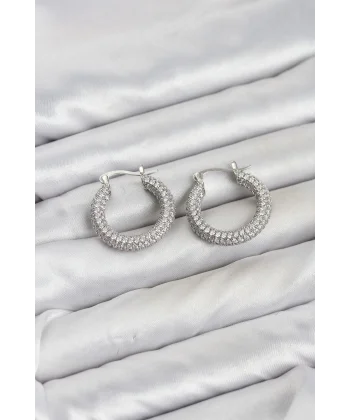 Gümüş Renk Full Zirkon Taşlı Halka Kadın Küpe