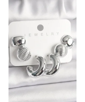 Gümüş Renk İşlemeli Daire Halka Model CCB Platik Kadın Küpe Seti