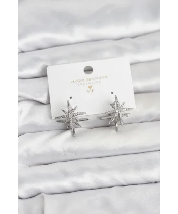 Gümüş Renk Pirinç Çift Taraflı Kutup Yıldızı Kadın Küpe