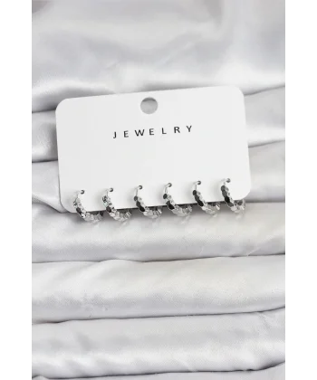 Gümüş Renk Pirinç Minimal Petek Detaylı Kadın Küpe Seti