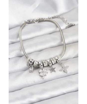 Gümüş Renk Pirinç Yonca Charmlı Kadın Bileklik