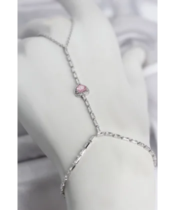 Gümüş Renk Pirinç Zirkon Taşlı Pembe Kalp Model Şahmeran