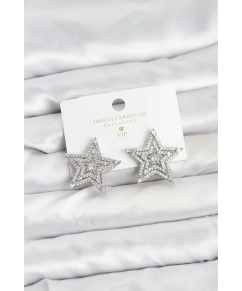 Gümüş Renk Pirinç Zirkon Taşlı Yıldız Model Kadın Küpe