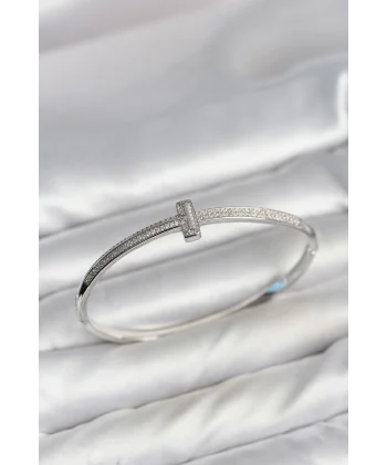Gümüş Renk T Model Zirkon Taşlı Kadın Kelepçe Bileklik