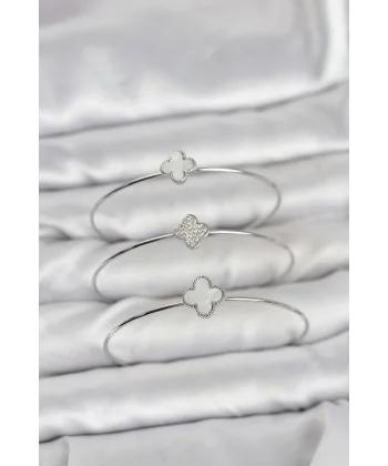 Gümüş Renk Yonca Model Zirkon Taşlı 3lü Kadın Bileklik Kombini