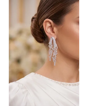 Gümüş Renk Zirkon Taşlı Çelenk Model Kadın Abiye Küpe