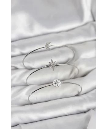 Gümüş Renk Zirkon Taşlı Kutup Yıldızı Model 3lü Kadın Bileklik Kombini