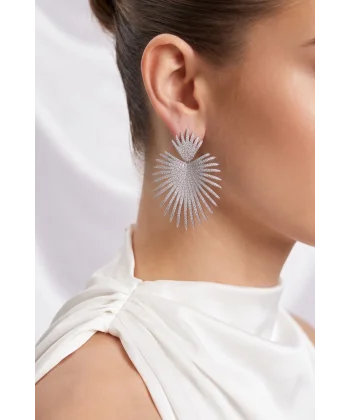 Gümüş Renk Zirkon Taşlı Palmiye Model Kadın Abiye Küpe