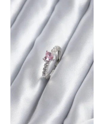 Gümüş Renk Zirkon Taşlı Pembe Kristal Kalp Model Kadın Yüzük