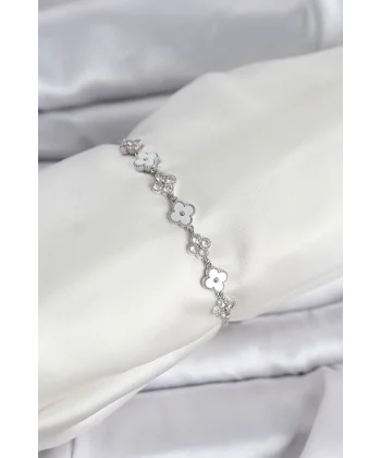 Gümüş Renk Zirkon Taşlı Sıralı Yonca Model Asansörlü Kadın Bileklik