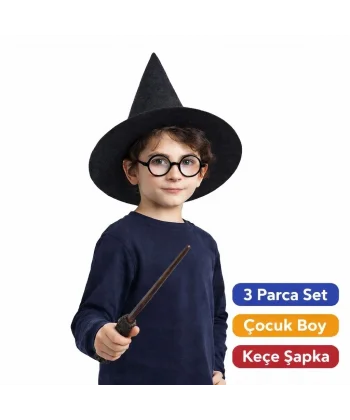 Harry Potter Tarzı Çocuk Seti (siyah Keçe Şapka, Asa, Gözlük)