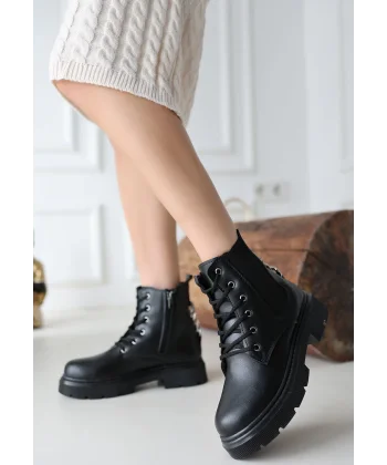 Harte Siyah Cilt Bağcıklı Bot