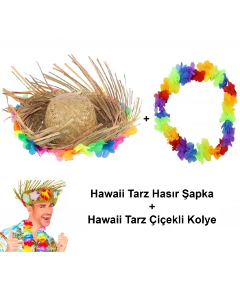 Hawaii Tarzı Tropikal Çiçekli Hasır Şapka Ve Çiçekli Hawaii Kolye