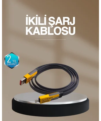 Hızlı Şarj Destekli 65W Örgülü USB-C ve USB-A Çoklu Şarj Kablosu