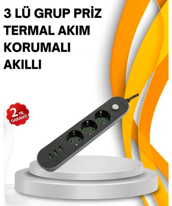 Hızlı Şarj Özellikli 3 USB Girişli Üçlü Priz
