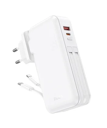Hoco J126 USB-A+Type-C Çıkışlı Type-c+Lightning Kablolu 10000mAh Powerbank Şarj Aleti-(5775)