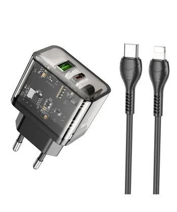 HOCO N34 PD20W USB+Type-C + iPhone Lightning Kablo Hızlı Şarj Adaptör Seti-(5775)