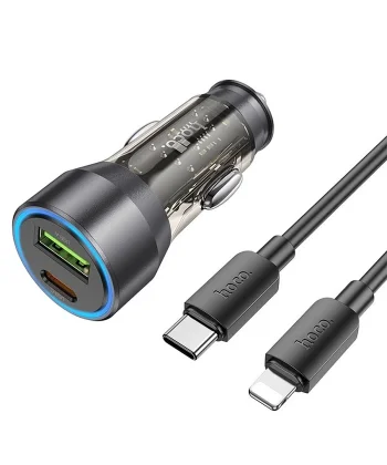 HOCO NZ12A Action PD43W USB + Type-C Araç Çakmaklık Hızlı Şarj Aleti + Type-C to iPhone Lightning Ka-(5775)