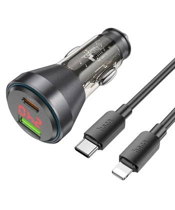 HOCO NZ12B Unimpeded PD48W USB + Type-C Araç Çakmaklı Hızlı Şarj Aleti + Type-C to iPhone Kablo-(5775)