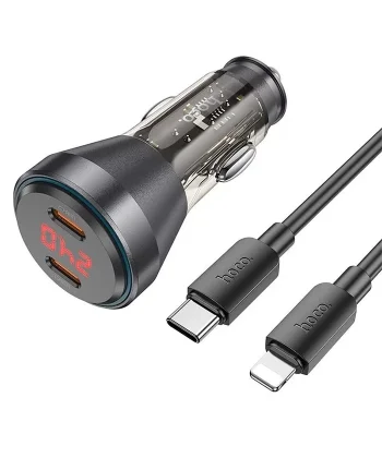 HOCO NZ12C Graceful PD60W 2 Type-C Girişli Araç Çakmaklı Hızlı Şarj Aleti + Type-C to iPhone Kablo-(5775)