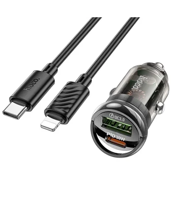 HOCO Z53A Vision PD30W Type-C + USB QC3.0 Girişli Araç Çakmaklık Hızlı Şarj Aleti + Type-C to iPhone-(5775)