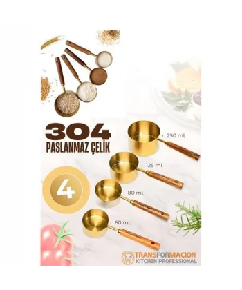 HSNET 4 lü Ölçü Kabı 304 Paslanmaz Çelik Masif Ahşap Saplı