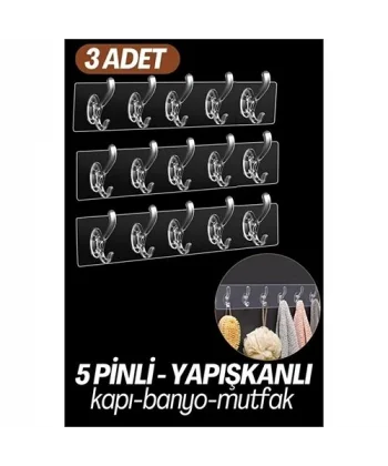 HSNET 5 Pinli 3 lü set Yapışkanlı Askı Xenoty Design