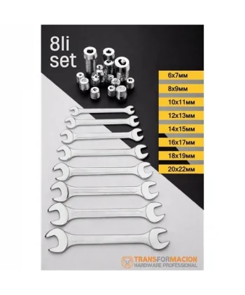 HSNET  Açık Uçlu Anahtar Seti - İki Ağızlı Anahtar - İki Ucu Açık Vanadium Çelik Anahtar 8 li SET