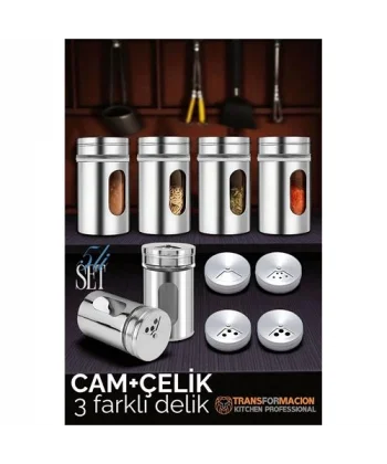 HSNET Cam+Çelik Tuzluk Biberlik Karabiberlik 3 Farklı Delikli 5 li SET