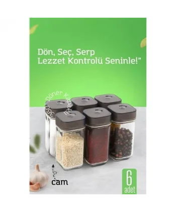 HSNET Cam Tuzluk Baharatlık – 360° Döner Kapaklı | 3 Delik Tipiyle Ayarlanabilir Akış  6 ADET