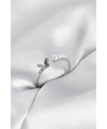 İncili Kelebek Model Gümüş Renk Pirinç Kadın Yüzük