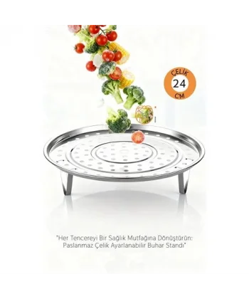 Inox Çelik Ayaklı Buharlı Pişirme Aparatı - 24 cm Çok Amaçlı Tencere İçi Haşlama Standı