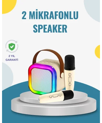 Kablosuz Karaoke Hoparlör – Çift Mikrofon ve LED Işıklı
