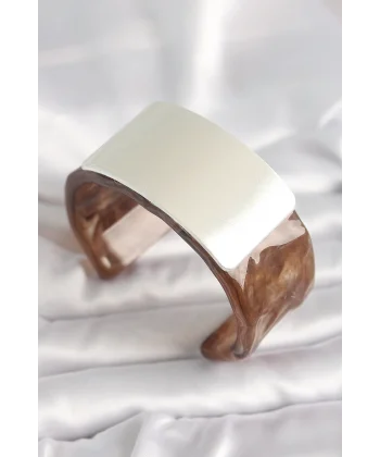 Kahverengi Mermer Desen Akrilik Plastik Gümüş Dikdörtgen Plaka Vintage Kadın Bilezik