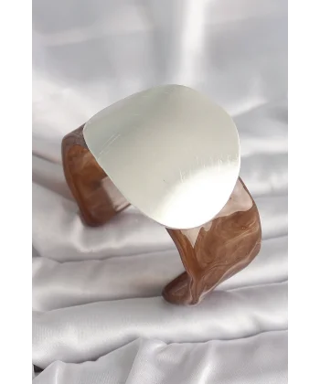 Kahverengi Mermer Desen Akrilik Plastik Gümüş Plaka Model Vintage Kadın Bilezik